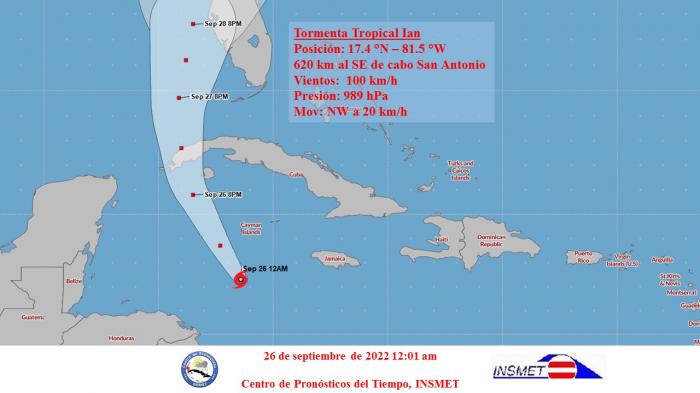 Localización y posible trayectoria de Ian a las 12:01 a.m. 