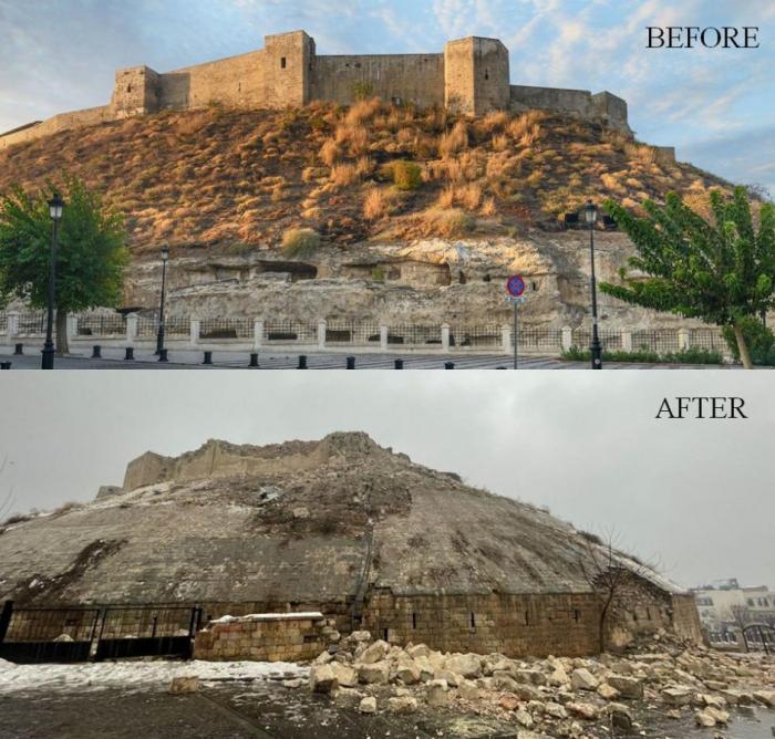El castillo romano de Gaziantep, antes y después del terremoto. Foto tomada de Twitter