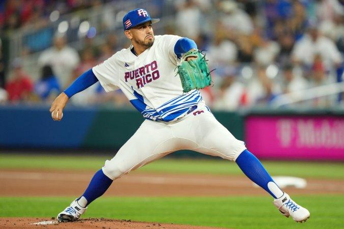 MIAMI, FLORIDA - MARCH 13: Jose De Leon #87 of Puerto Rico throws a pitch during the first inning against Israel at loanDepot park on March 13, 2023 in Miami, Florida. (Photo by Eric Espada/Getty Images)