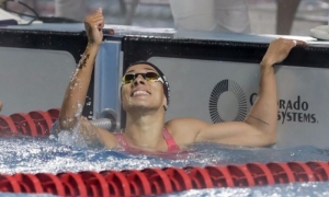 Elisbet Gámez compite en la final de 100 metros libre en la natación con sede en el Complejo Deportivo Merliot, durante los XXIV Juegos Centroamericanos y del Caribe San Salvador, el 26 de Junio de 2023