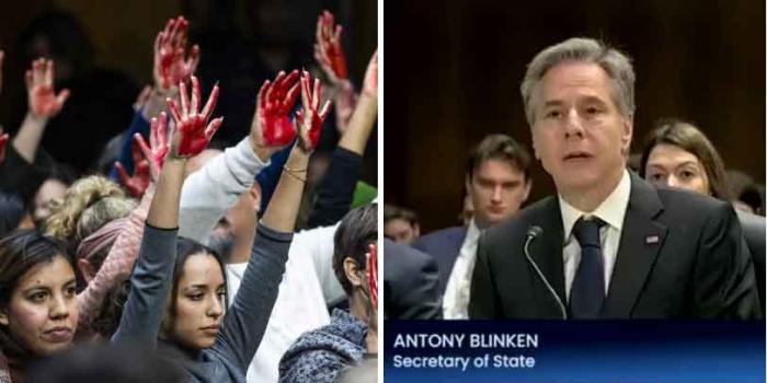 Manifestantes interrumpieron hoy varias veces el discurso del secretario de Estado, Antony Blinken