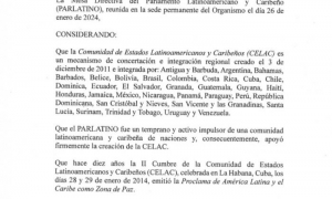Ratifica PARLATINO la Proclama de América Latina y el Caribe como Zona de Paz