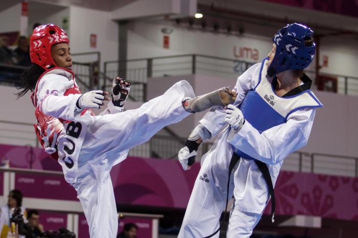 Arlettys Acosta ganadora de la medlalla de bronce del Taekwondo urante la realización de los XVIII Juegos Panamericanos de Lima, Perú, el 29 de julio de 2019.  Foto Roberto Morejón, Periódico Jit, INDER.