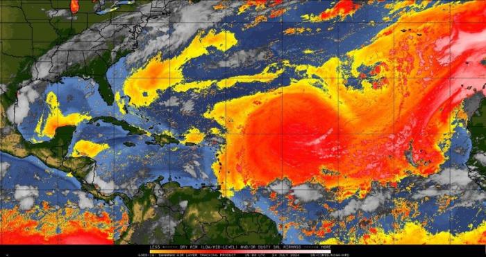 En la imagen satelital pueden observarse las áreas con alta concentración de Polvo del Sahara, extendidas a lo largo del océano Atlántico y partes del mar Caribe. FOTO: CORTESÍA DEL DOCTOR EUGENIO MOJENA