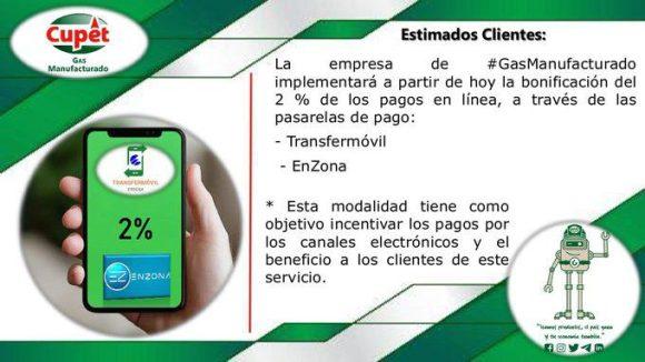 Bonificarán el 2% de la factura del gas manufacturado a quienes paguen por las pasarelas en línea