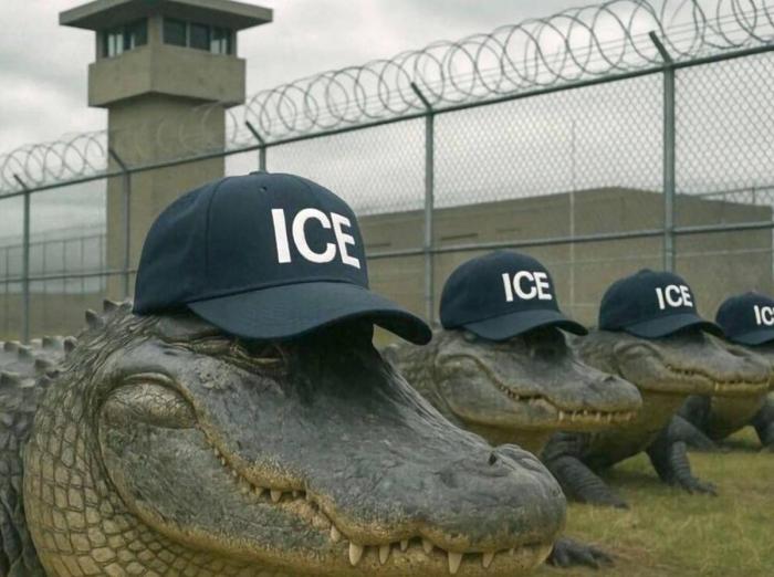 A los migrantes les esperan campos de concentración y prisiones al estilo Cecot en 
El Salvador, o como la Base Naval en Guantánamo. Imagen realizada con inteligencia artificial