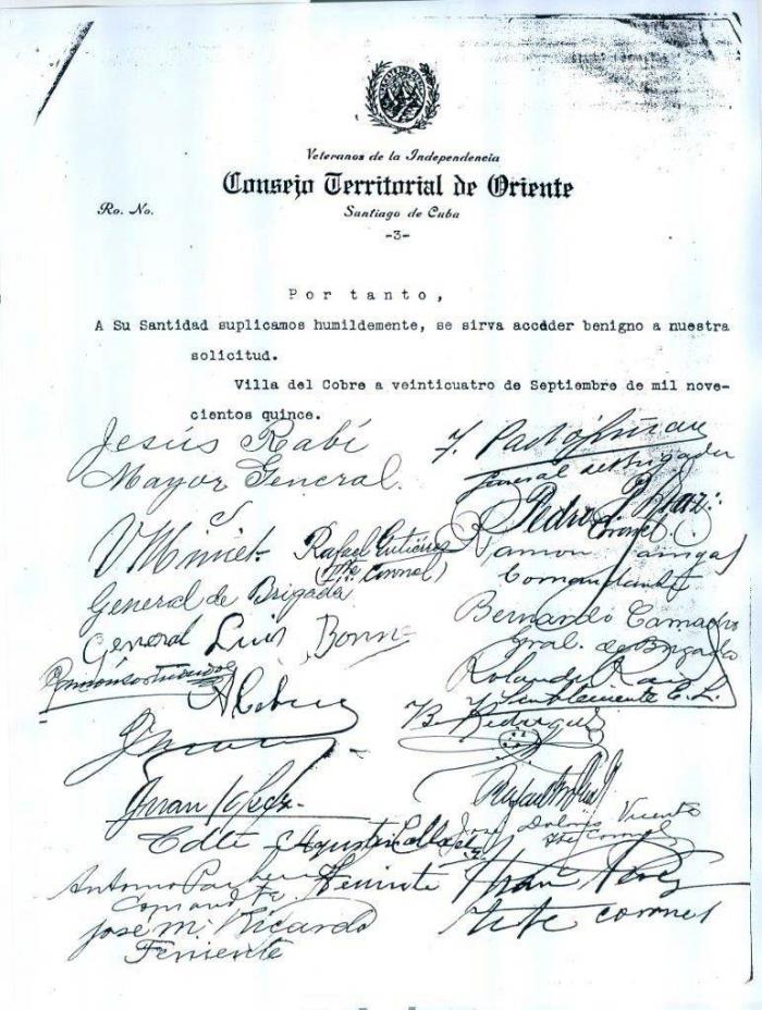 Carta de los mambises al Papa para pedir que la Virgen de la Caridad fuera declarada Patrona de Cuba
