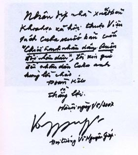 Dedicatoria del General Vo Nguyen Giap al pueblo de Cuba.