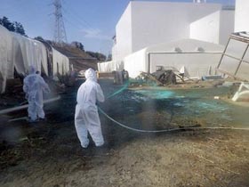 La lucha contra los escapes tóxicos al océano Pacífico se suma a los esfuerzos por refrigerar los reactores de la central nuclear. Foto Reuters