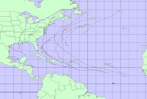 El mapa muestra las trayectorias de los 16 organismos tropicales con nombre formados hasta ahora en la cuenca del Atl�ntico tropical.