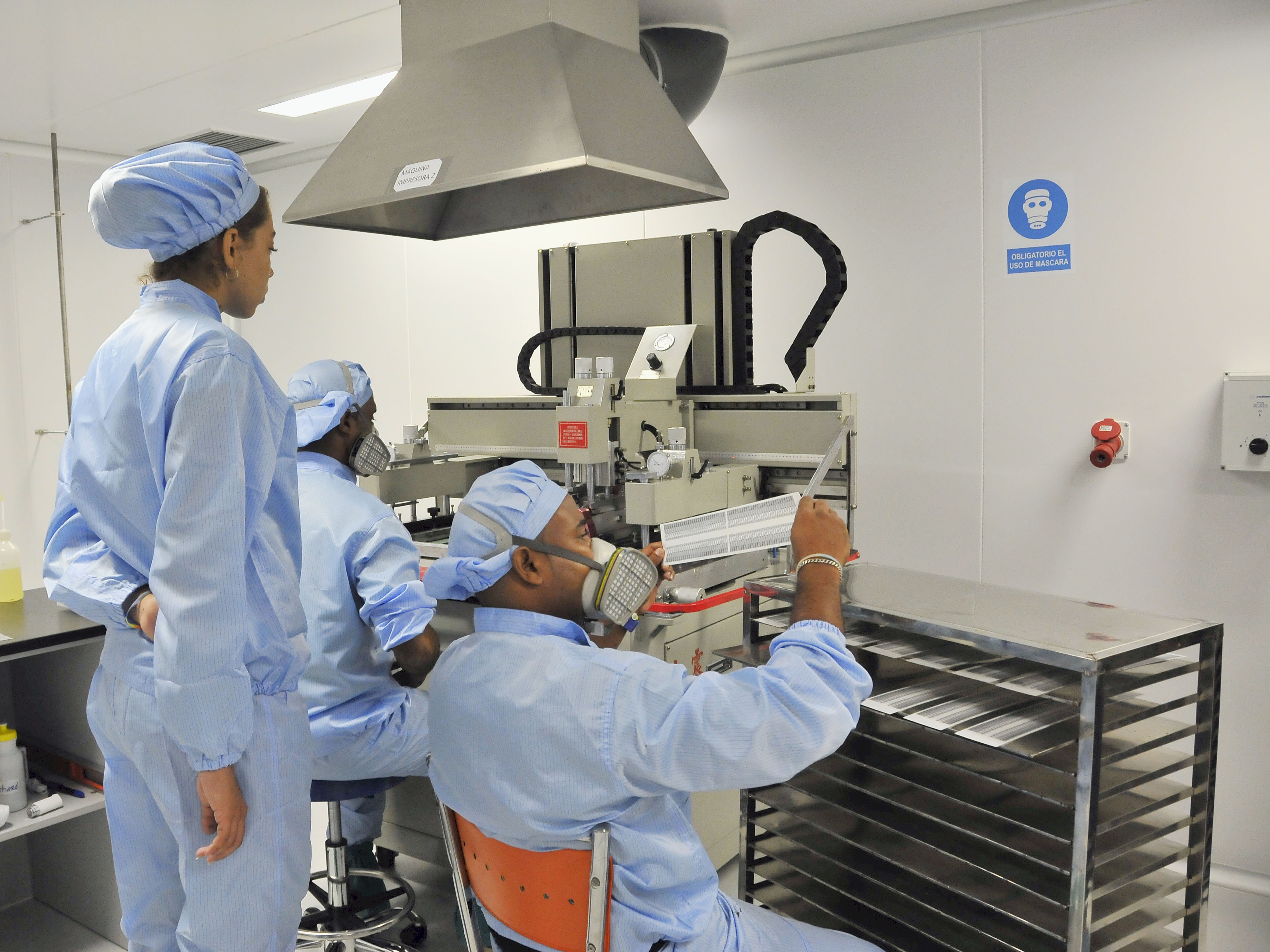 The first step in the production process is chemically printing electrodes. Some 300 sheets, enough for 120 sensors, will be manufactured on a daily basis.